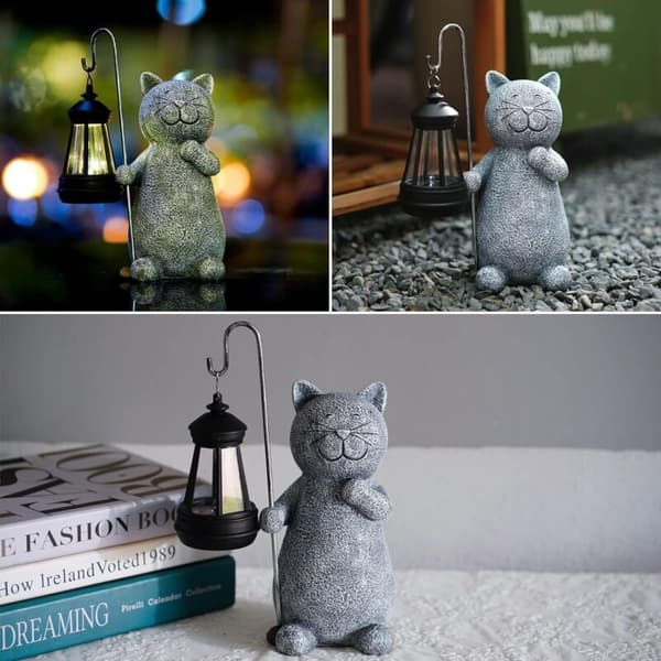 Solar Kat Statue med Lys - Vandtæt Udendørs Haveindretningsgave