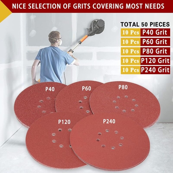 225 mm slibeskiver 50 stk. korn 40/60/80/120/240 med velcro til slibemaskine