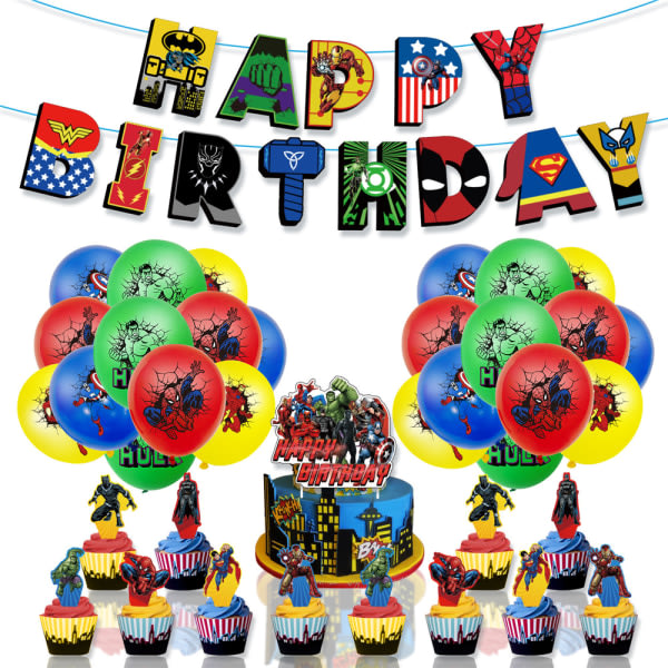Barn Pojkar Flickor Födelsedagsdekorationer Ballonger Banner Cake Topper Grön Blå Röd Gul Marvel Superhjälte