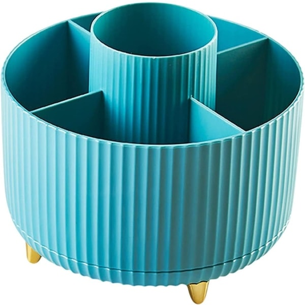 360° Roterende Makeup Organizer Sminkbørsteholder med 5 rum til kosmetik Parfumesmykker til Sminkbord Soveværelse Badeværelse, Blå