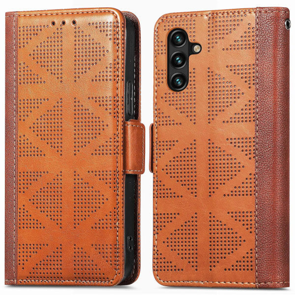 Til Samsung Galaxy A13 5G Anti-fald Beskyttelse Kryds Rhombus Præget PU-læder + TPU-cover med Pung Stativ - Khaki Brun
