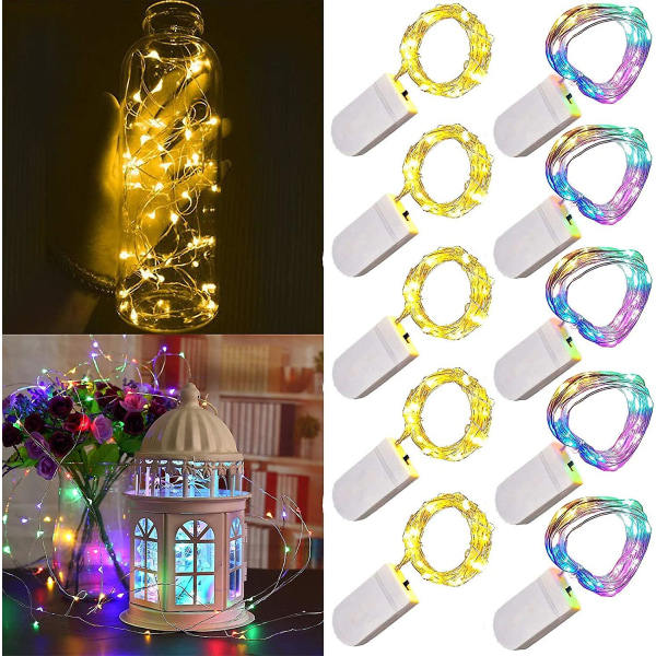 10-pack LED-slingor batteridrivna 1m 10 LED silvertråd flerfärgad och varmvit vattentät stjärnflaska ljusslingor för jul bröllop fest