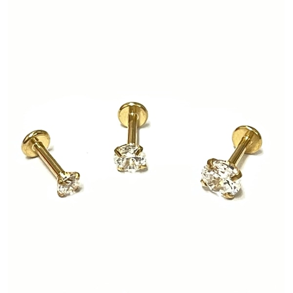 3 stk. guldbelagt Labret med sten (3mm 4mm 5mm) Length:8mm