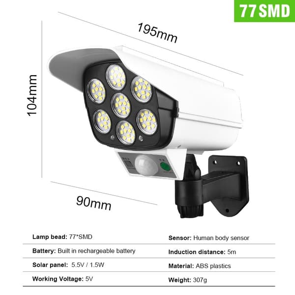 Solcelle Sensorlys 300W 77 SMD LED / Bevegelsessensor / IP65 Vanntett Utendørs Gatebelysning / Fjernkontroll
