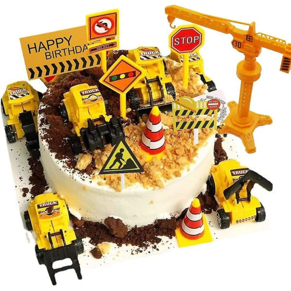 18 stk. Byggekage Toppers Køretøjer Sæt Gravemaskine Tårnkran Cupcake Topper Trafik- og vejskiltedekoration Tillykke med fødselsdagen Fest Su