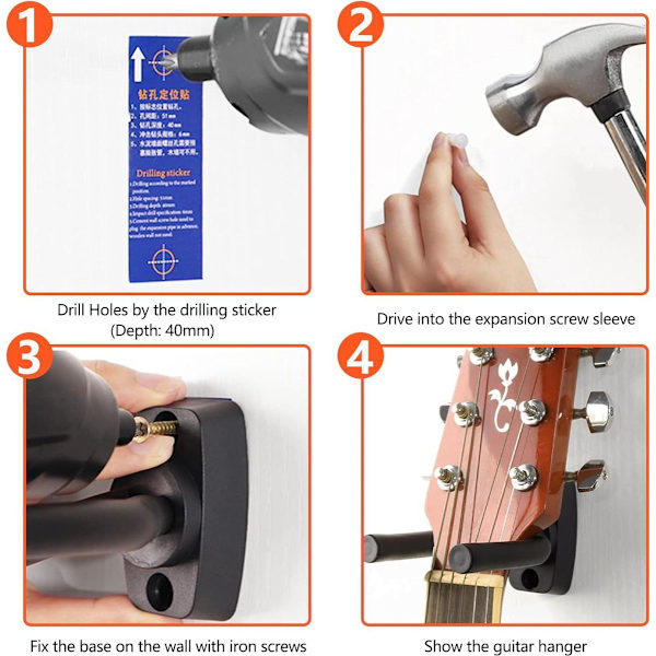 Gitarrväggfästen, set med 6 svarta krokar, för akustisk, elgitarr, bas och ukulele