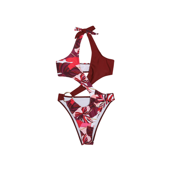 Kvinnor Röd One-Piece Baddräkt Bikini Halsrem Midja ihålig blomma utskrift S