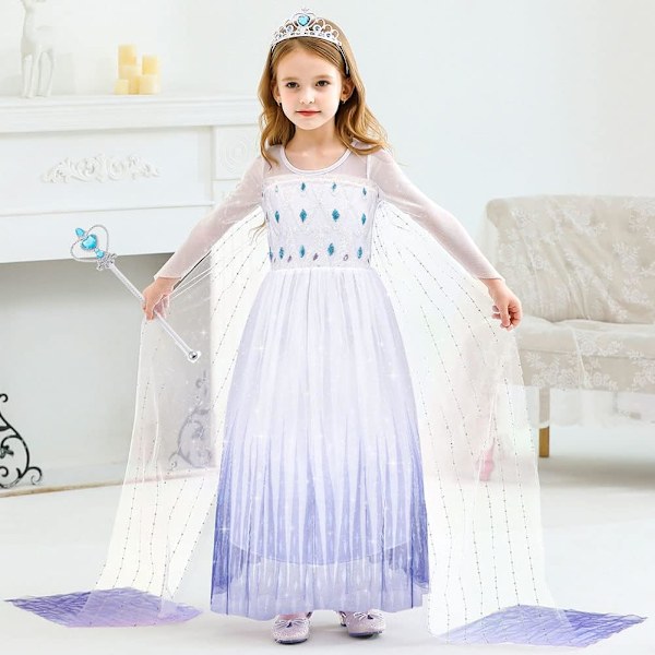 Elsa-dräkt, barn, flickor, Elsa Anna, prinsessklänning, barn, Elsa-klänning med krona, trollstav, fest, utklädning, karneval, halloween, julkostym 100cm