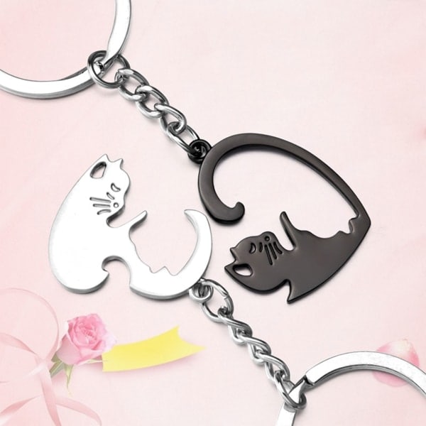 Par Keychain Söt Svart Vit Matchande Pussel Katt Djur Hänge Nyckelring