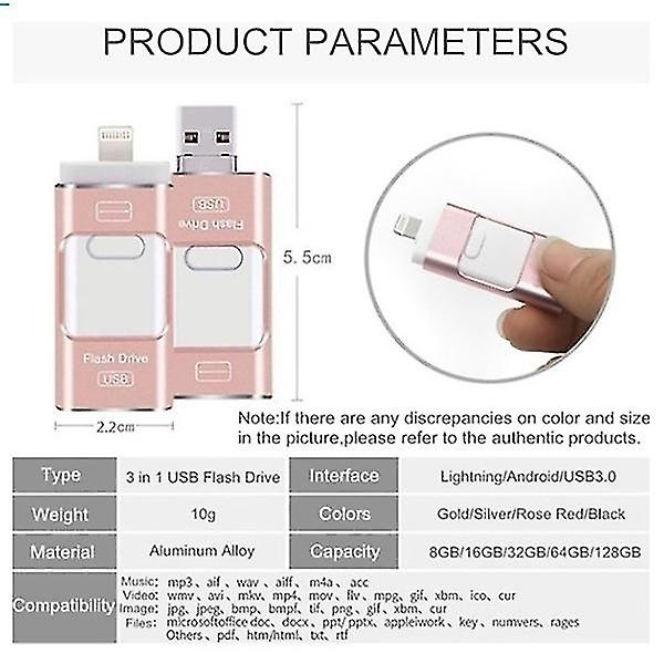 3 i 1 USB-minne Expansion Memory Stick OTG Pendrive för iPhone iPad Android PC () Silver 128 GB
