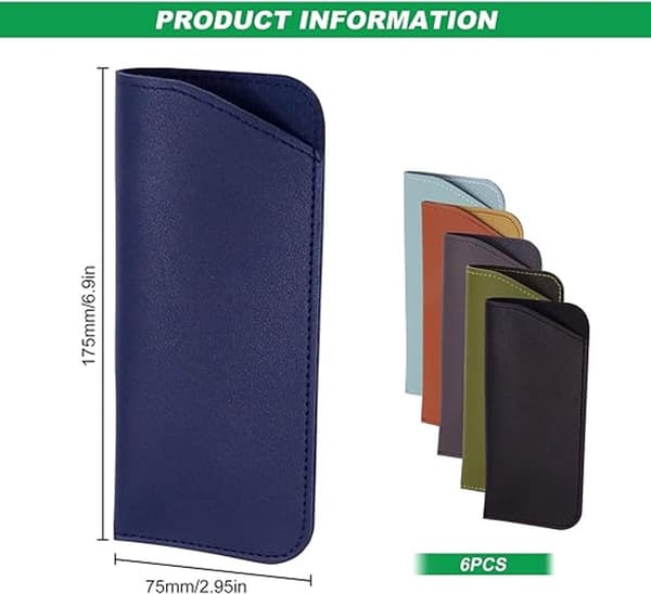 Brilleetuier 6-pak, bløde PU-læderetuier, slanke ridsefaste covers til kvinder, solbriller og læsebriller, 17,5 x 7,5 cm