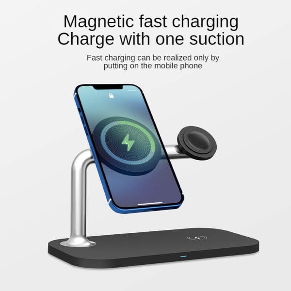 Tre-i-ett magnetisk trådlös laddare 15W bordstelefonstativ trådlös snabbladdning för Apple Headphones Watches Black