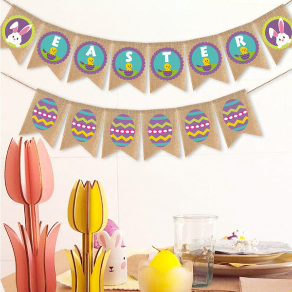 Glad Påsk Säckvävsbanderoll Kaninägg Tryckt Bunting Dragflagga Fest DIY Dekoration - B