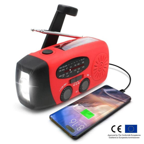 Vevarradio med solceller Ficklampa och 2000mAh Powerbank röd SOS
