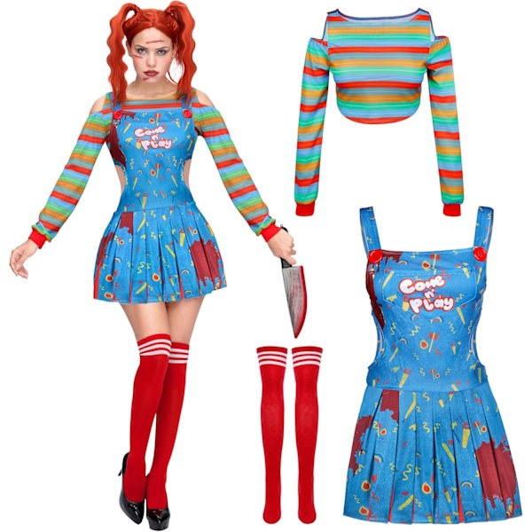 Dockdocka klänning för kvinnor, regnbågs-t-shirt clowndräkt, strumpebandskjol och knästrumpor för Halloweenfestkostym S S