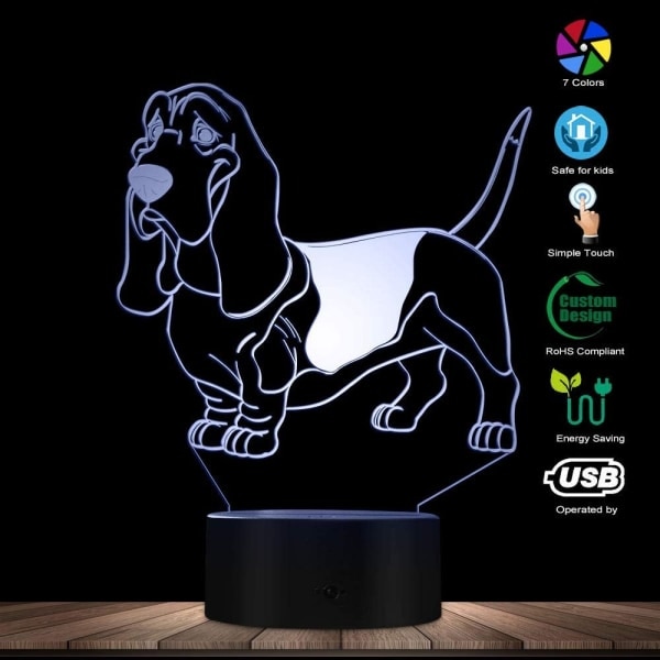 Basset Hound 3D Optisk Illusion Natlampe USB Hundedyr