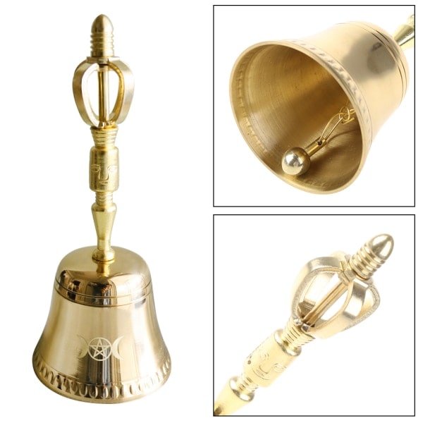 Nyhet Altar Star Mässing Hand Bell Häxkonst Tillbehör Triple Moon Ritual Mässingsklockor Altar Propeller Ornament för fest
