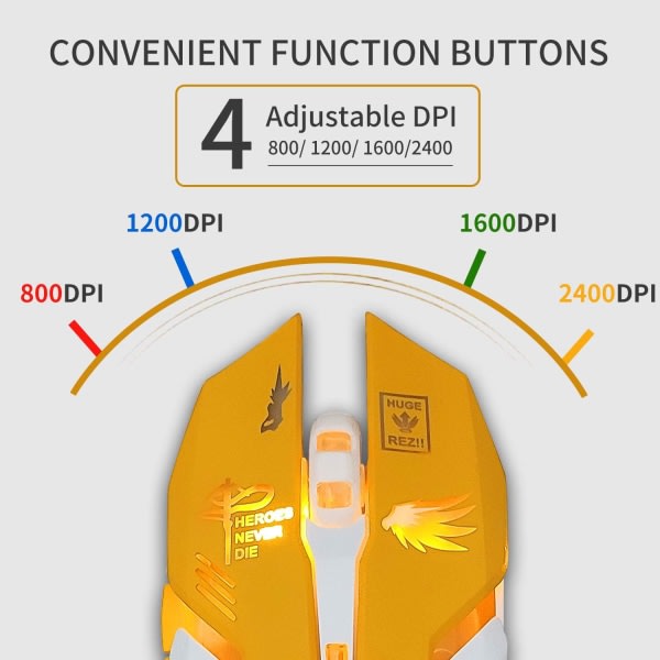 Spelmus, 7 farver Baggrundsbelyst optisk spilmus Ergonomisk USB kabel med 2400 DPI og 6 knapper 4 Fotografering til computer/Win/Android/iOS. (Gul)