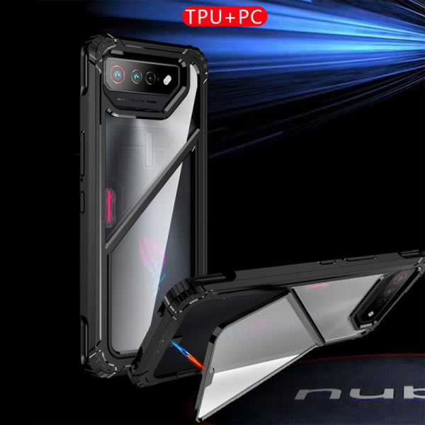 proof-deksel for Asus ROG Phone 7 Ultimate Rog7 Hard PC + TPU Hybrid Cover gjennomsiktig telefondeksel med sammenleggbar stativfunksjon