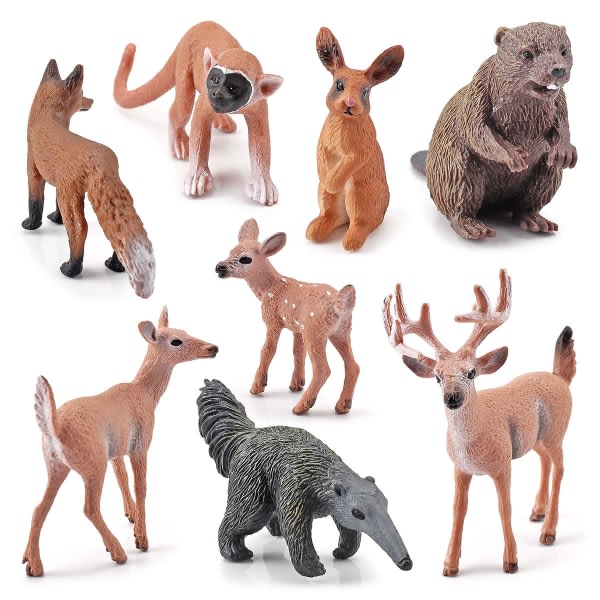 Set av 8 skogsdjur figurer realistiska rådjur räv ekorre kanin
