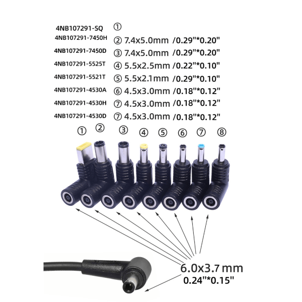 Monikoon kokoinen virtalähteen sovitinliitäntä DC6.0x3.7 - 7.4x5.0mm 5.5x2.5mm;5.5x2.1mm;4.5x3.0mm;4.5x3.0mm neliöliittimet null - 7.4x5.0mm hp