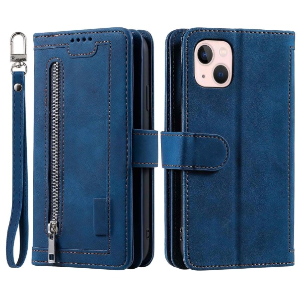 För Iphone 14 6,1 tums blixtlåsficka Design 9 kortplatser Pu- case Magnetstängning Stativ Cover med rem Blue