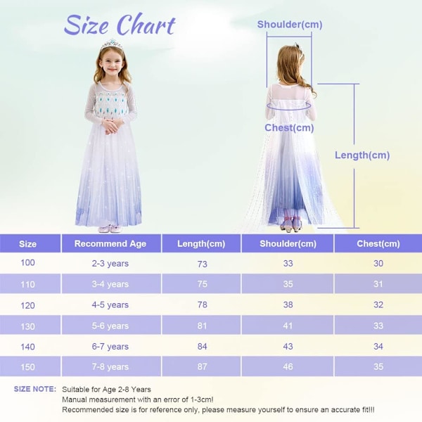 Elsa-dräkt, barn, flickor, Elsa Anna, prinsessklänning, barn, Elsa-klänning med krona, trollstav, fest, utklädning, karneval, halloween, julkostym 150cm