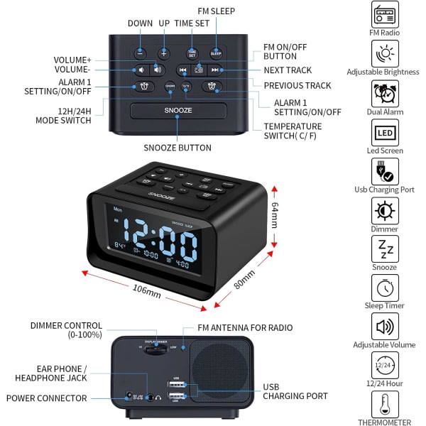 Klockradio med dubbel larm, digital väckarklocka med 2 USB laddningsportar, 0-100 % dimbar, justerbar volym, inomhustermometer（svart）