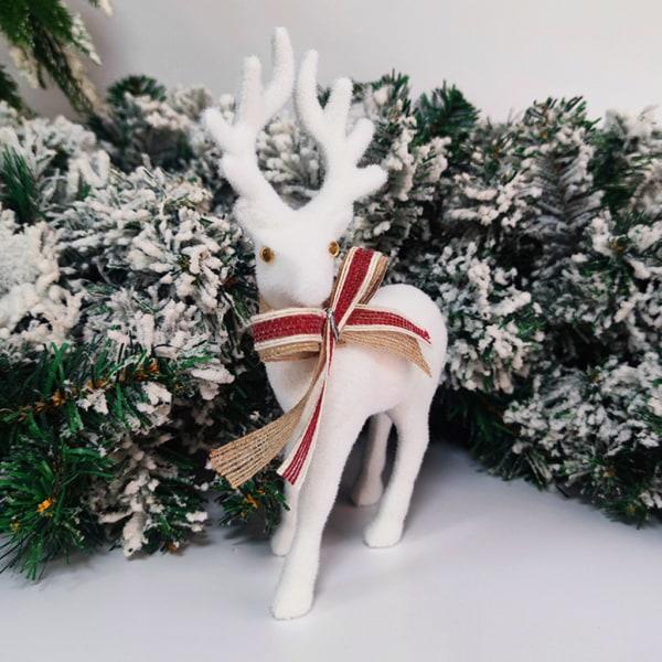 Julvit flockad stående älg fylld plysch ren med pilbåge prydnad Djurmodell Xmas Heminredning