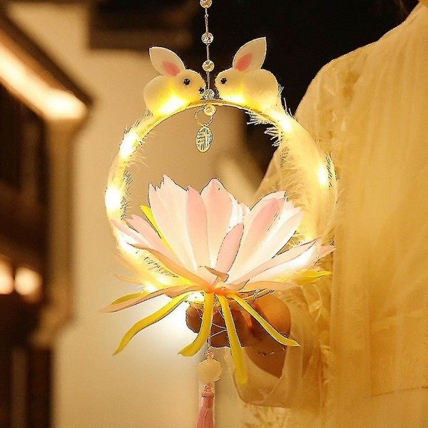 Kinesisk Lotus Lykta Montering Lätt Kognitiv Förmåga Vacker Fjäder Midhöstfestival Handgjorda Ljus Med Kanin För Utomhus