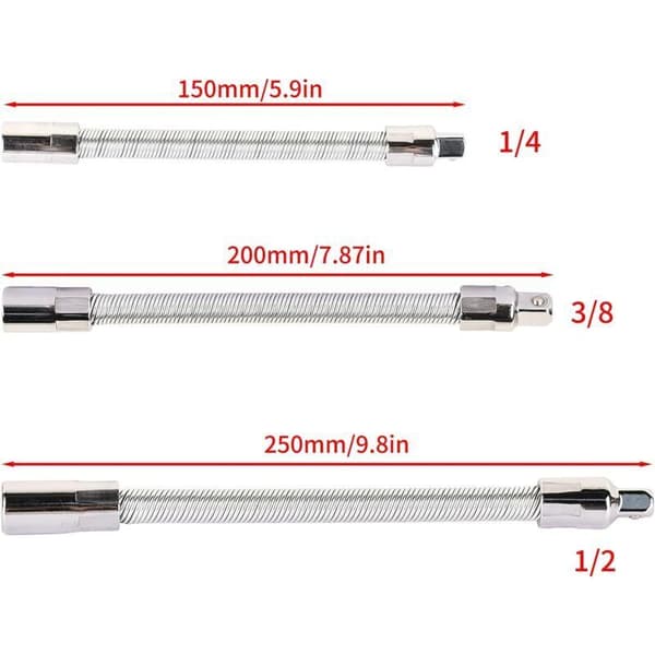 Sæt med 3 fleksible forlængere i rustfrit stål Sølv 1/4\" 3/8\" 1/2\"