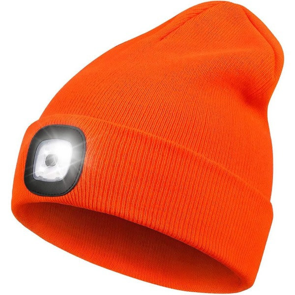 LED-lue med lysende oransje, USB-oppladbar handsfree 4 LED-hette Vinterstrikket nattbelyst lue Lommelykt Kvinner Menn Gaver til pappa ham Hu