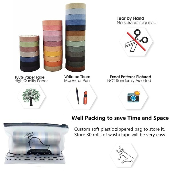 30 rullar Washi Tape Set Färgad maskeringstejp Pack Dekorativa tunna tejper Barn och presenter Varning (naturfärg 9 mm)