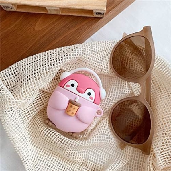 Söt Kawaii håller mjölktekopp och njuter av musik Headset Penguin case för AirPods 1/2, mjukt gummisilikon - rosa