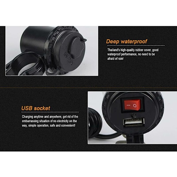Motorsykkel USB-lader vanntett 5V/2.1A med bryter for styremontering