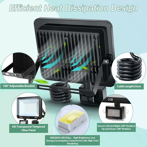 50W Udendørs LED Floodlight med Bevægelsessensor - IP66 Vandtæt 5000LM