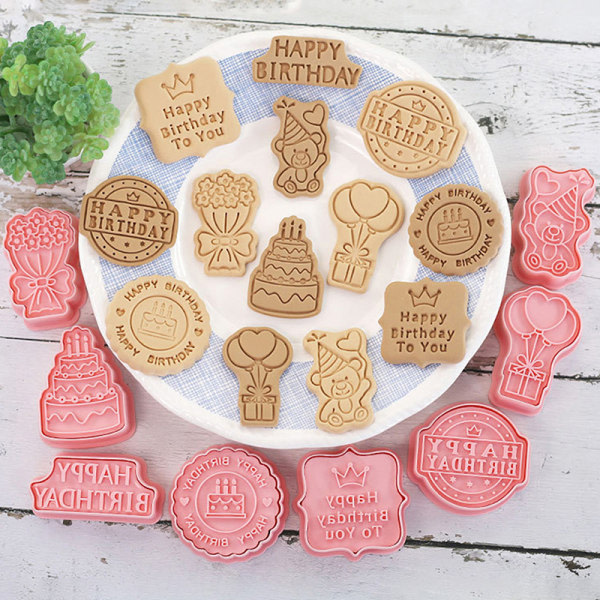 8st/ Set Födelsedagstema Cookie ters Plast 3D Pressable Biscui
