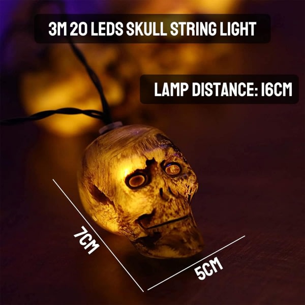 Halloween, Halloween krans, 3M dekorativ lysende krans 20 LED, skelettlampa, LED lysende krans, skalle Halloween dekoration, utomhus/