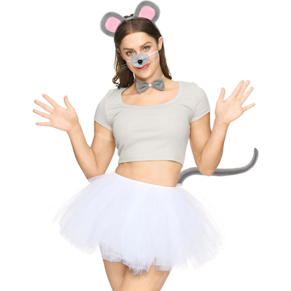 Halloween 4-delt Grå Mus Kostume Tilbehørs Sæt til Voksne og Børn, Rattan Musøre Bånd, Halloween Dyrekostume Tilbehørs Sæt mouse