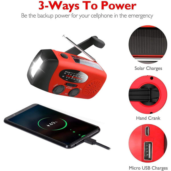 Vevarradio med solceller Ficklampa och 2000mAh Powerbank röd SOS