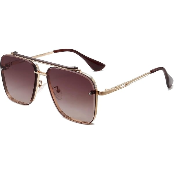 Fyrkantiga Aviator Gradient Solglasögon UV400 Dubbel Brygga Retro Metallram (Guld/Brun)