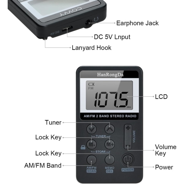 Liten bärbar radio, AM/FM 2-bands stereoradio DSP Digital Tuning-mottagare med LCD-skärm USB laddningsbar och hörlurar för promenader svart black