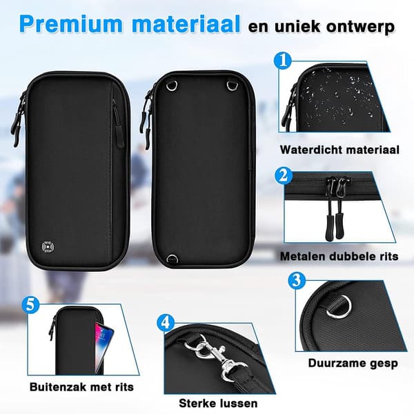 Paspengepung, Nylon RFID-blokerende lynlåsorganizer med flere lommer og håndledsrem til rejser, sort, 23 x 13 x 3 cm