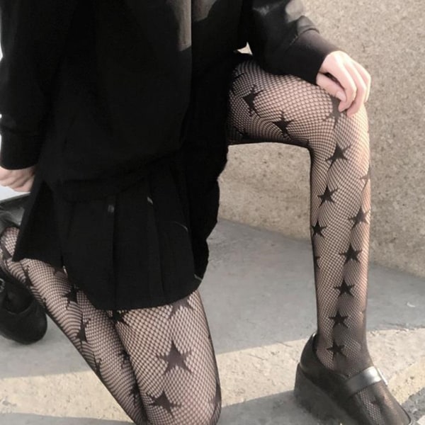 Dam Gothic Punk Cool Star Mönster Fishnet Tights Harajuku Lolita Hollow Out Sexiga Sheer Mesh Tights Anime stretchiga Jacquardstrumpor