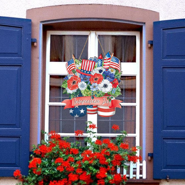 Hängande skylt med bandburr gratis Lätt att hänga Happy Independence Day Ytterdörr Trähänge Heminredning