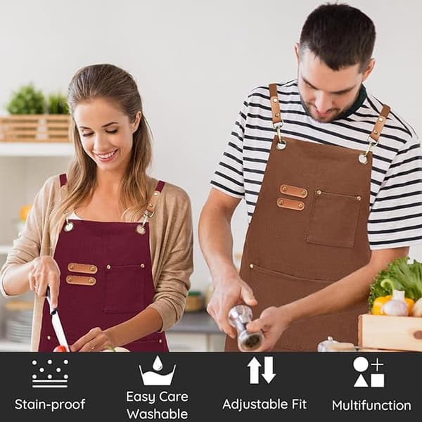 Unisex forkle, polyester bomull, justerbare kryssstropper, 3 lommer, for matlaging, baking og kreativt arbeid, brun, 68 x 75 cm