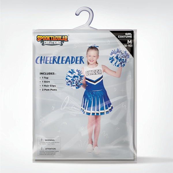Tyttöjen Cheerleader-asu Halloweenille - söpö Cheerleader-asu asusteilla BLUE Medium (8-10 yrs)