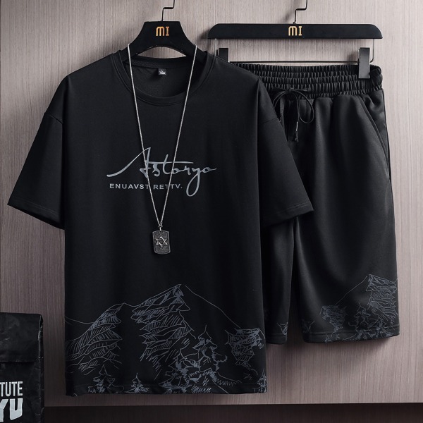 Herrkläder Set Andas Moderikt print Stort format Sommar Shorts Set för män för vuxna Svart L
