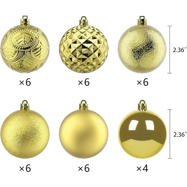1:a julgranskulor splittersäkra juldekorationer för julgran, semester, bröllop, fest julgranskulor med snören (60 mm/2,36\", guld)