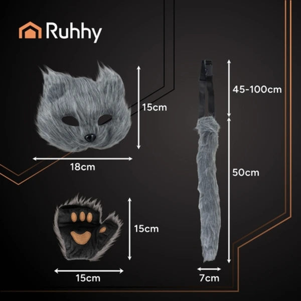 Cat Mask with Paws and Adjustable Tail – 4 Pieces Grey grå